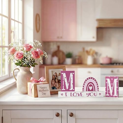 Smile 4 Pcs Wooden Decor Mother's day Indoor Decorations, Mom I Love You Heart - Shaped, Pink Table Centerpieces for Home Kitchen - style: Mom
