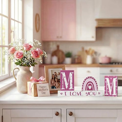Smile 4 Pcs Wooden Decor Mother's day Indoor Decorations, Mom I Love You Heart - Shaped, Pink Table Centerpieces for Home Kitchen - style: Mom