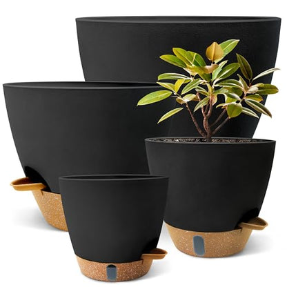 12/10/9/8 inch Self Watering Pots with Visual Water Window, Extra Large Self Watering Plant Pot with Drainage Holes and Saucers, Black Flower Pots for Indoor Plants - color: Black