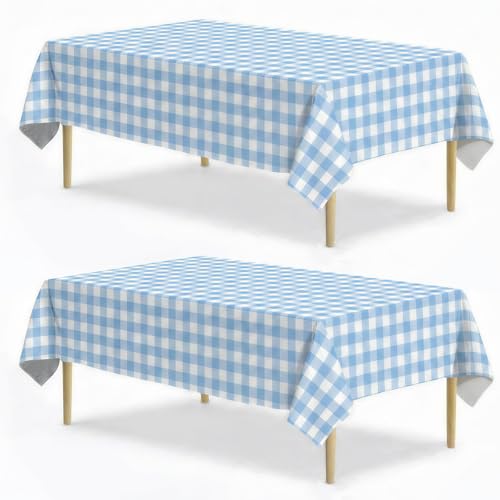 Blue Gingham Tablecloth, 54 x 108 Inch Blue and White Checkered Table Cloth 2 Pack, Disposable Birthday Party Decorations Table Cover, Rectangle Plastic Tablecloth Party Supplies - color: Blue Gingham