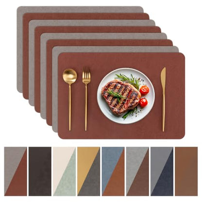 SHACOS Faux Leather Placemats Set of 8 Place Mats Table Mats - color: Chestnut and Greige