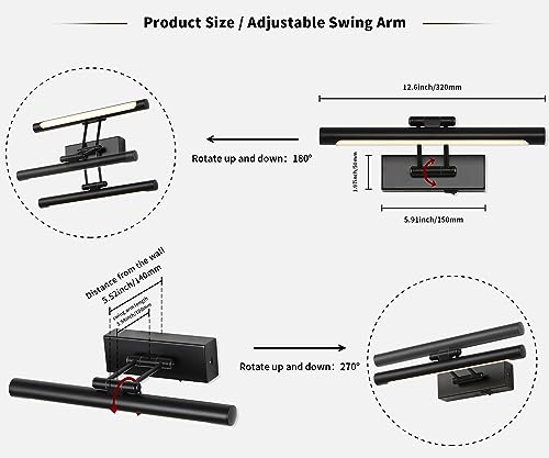 Battery Operated Picture Light Wireless, 12in Dimmable Gallery Light Rechargeable Black Picture Lights for Wall, Swing Arm Art Light with Remote Control & Timed Settings - color: Model B-Black
