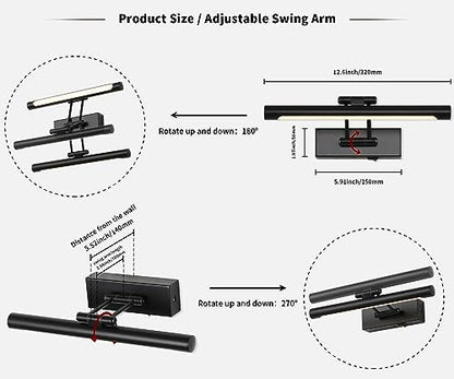 Battery Operated Picture Light Wireless, 12in Dimmable Gallery Light Rechargeable Black Picture Lights for Wall, Swing Arm Art Light with Remote Control & Timed Settings - color: Model B-Black