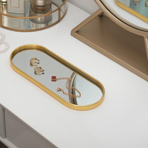 Feyarl Gold Mirrored Jewelry Trinket Tray Vanit Little Ring Earings Organizer Ornate Cosmetic Perfume Tray Display Decorative Coffee Table Tray for Home Decor Dinning Room Dresser Tabletop