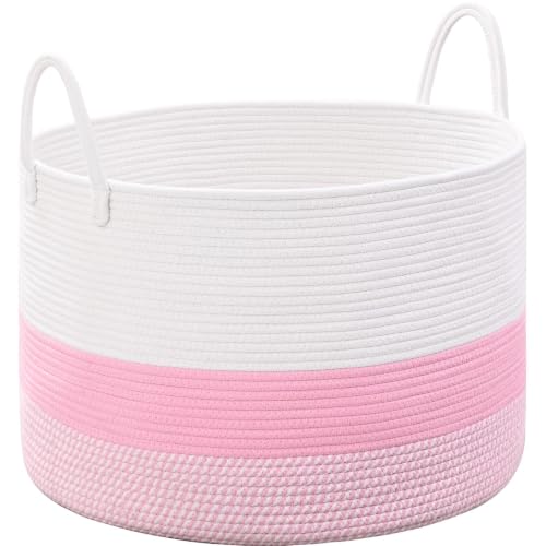 67L Large Woven Blanket Basket, Cotton Rope Baby Laundry Hamper with Handles, Kids Toy Basket for Classroom & Nursery, Soft Round Stuffed Animal Storage, Dog Toy Bin - 20"x13", Light Pink - color: Light Pink - W, size: Wide (20"D×13"H)