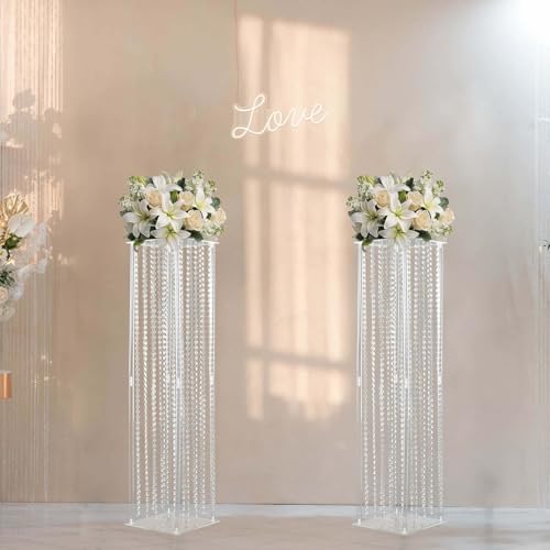 Efavormart 48" Heavy Duty Acrylic Flower Pedestal Vase with Hanging Crystal Beads, Clear Pillar Stand Wedding Floor Centerpieces with Pre-Chained Garlands - 5mm Thick Plates - size: 11"W x 48"H