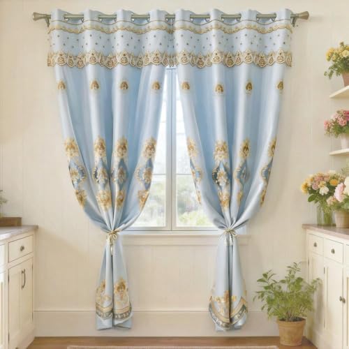 Amidoudou 1 Pair European Double Layer Curtains with Sheer Curtains for Living Room Bedroom Luxury Embroidered Blackout Curtains (Blue,52x90 Inch) - color: Blue, size: 52"W x 90"L (Pack of 2)