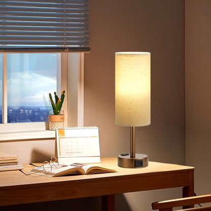 Fenmzee Brown Bedside Lamp for Bedroom, Dimmable Touch, USB A+C, AC Outlet - color: Beige - Brown, size: 14"