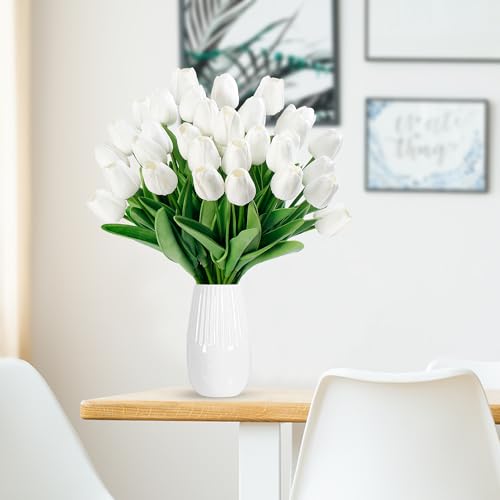 Sggvecsy 30 Pcs Fake Tulips Artificial Flowers Real Touch PU Faux Flowers Tulip Stems for Wedding Spring Bouquet Floral Arrangement Home Party Office Decorations for Mother's Day (White) - color: White, size: 30 Pcs