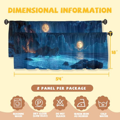 Beach Curtain Valance for Windows 2 Pack Moon Star Sky Blue Wave Rod Pocket Window Treatments Short Curtains for Kitchen Windows Bathroom Bedroom 54x18 Inch - color: Beach