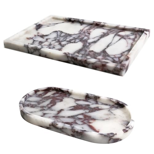 Real Luxurious Natural Marble Vanity Tray Genuine Marble Storage Tray for Home Decor Stone Tray for Bathroom/Kitchen/Vanity/Dresser Non-Resin/Non-Ceramic/Viola Oval Set - color: Marble Tray-viola Oval Set, size: 11" x 7.5" x 0.7"