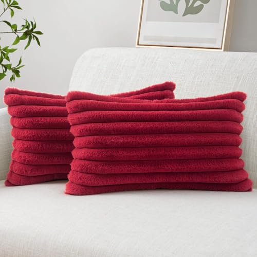 MIULEE Christmas Faux Fur Decorative Throw Pillow Covers 12x20 Burgundy - color: Burgundy, size: 20" x 12" (Pack of 2)