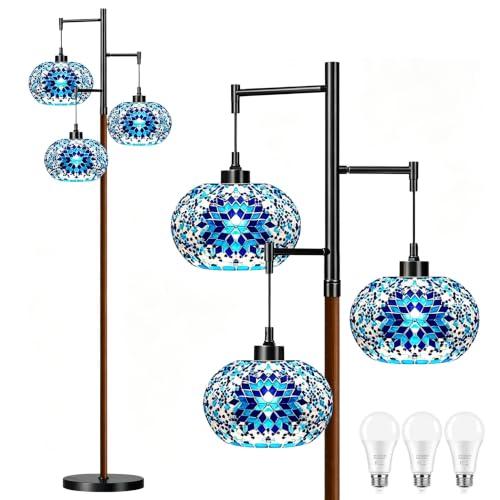 QIYIZM Turkish Floor Lamp for Living Room,Bedroom,Moroccan Mosaic Standing Lamp Stained Glass Lamps Black Mid Century Tall Lamps Unique Tree 3 Light Vintage Retro Wood Floor Lights Boho Tiffany Style - size: Floor Lamp--30