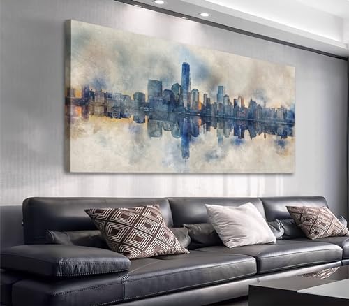 New York City Canvas Wall Art Navy Blue Pictures Abstract Paining City Reflection in Water Canvas Print Modern City Skyline Canvas Artwork for Living Room Bedroom Office Wall Decor 24" x 48" - color: NYC Skyline, size: 48"L x 24"W