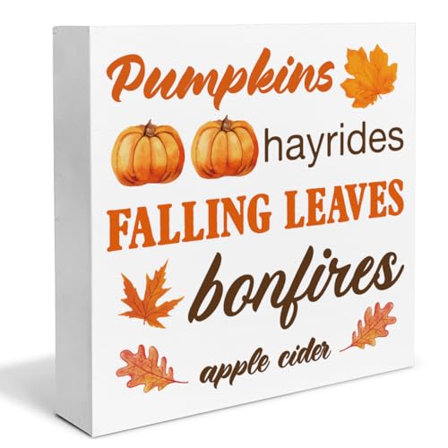 Fall Decor Autumn Pumpkin Wooden Box Sign Farmhouse Fall Decorations Rustic Home Desk Shelf Tabletop Decor 5 x 5 Inches - color: Multicolor FALLING