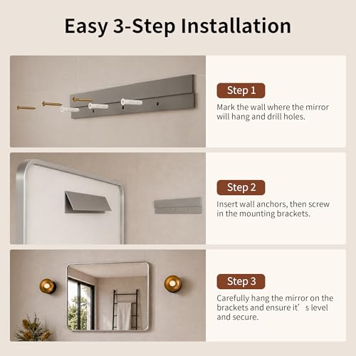 DeerValley Bathroom Mirror with Black Frame, Rounded Rectangle - color: Silver, size: 36"L x 30"W