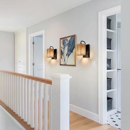 Boho Wall Sconce Rattan Wall Light Fixtures Hemp Rope Sconces - color: Woven Rattan Style