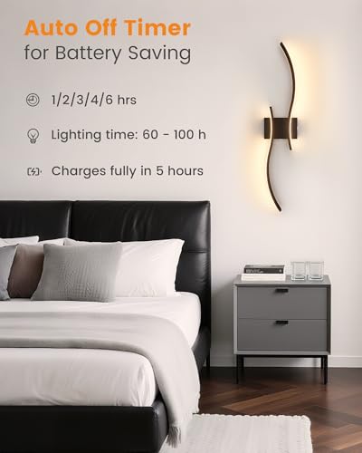 VOLISUN Battery Operated Wall Sconces Set of Two, 27.6 inch Wireless Wall Sconces, 3000K-6500K Dimmable Wall Lamps with Remote, Rechargeable Black Wall Lights for Living Room, Hallway, Bedroom - color: Black, size: 27.6 INCH
