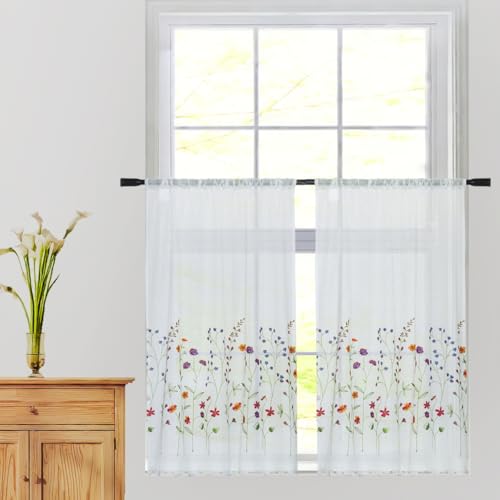 KFL027 Sheer Embroidery Pastoral Style cafecurtain, White Sheer Tiers for Windows 2 Panels (Wild Flower, W30 XL24 X2 Tiers) - size: 30"W x 24"L (Pack of 2)
