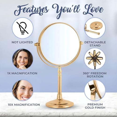 MIRRORVANA Double Sided 10X/1X Magnifying Makeup Mirror, 8" x 15" (Gold) - color: Gold