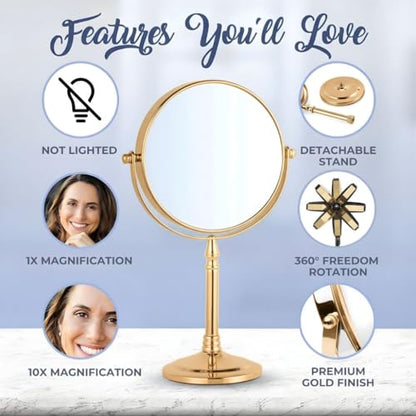 MIRRORVANA Double Sided 10X/1X Magnifying Makeup Mirror, 8" x 15" (Gold) - color: Gold