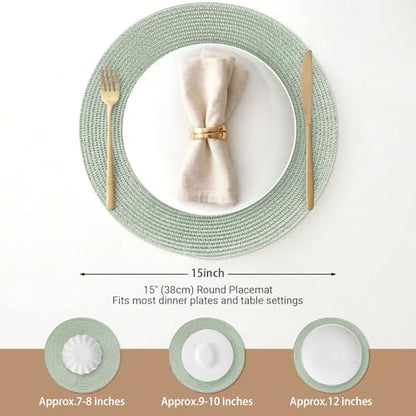 FunWheat Round Braided Placemats Set of 8 Place Mats for Dining Table Woven Washable Non-Slip Table Mats 15 Inch(Fog Green,8pcs) - color: Fog Green, size: Set of 8