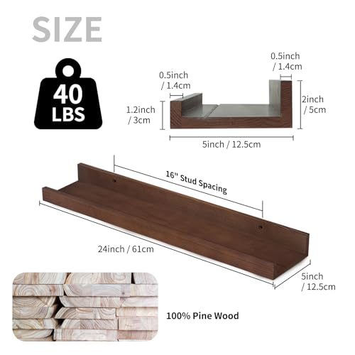 SAUMONIERES Picture Ledge Shelf Floating Book Shelves Set of 2 Wall Mounted Solid Wood for Bedroom Bathroom Living Room Kitchen, 24 Inch Walnut - color: Walnut, size: 24 inch