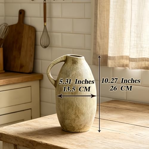 Rustic Ceramic Vase with Handle, 10.3 Inch, Handmade Decor, Beige - color: Beige