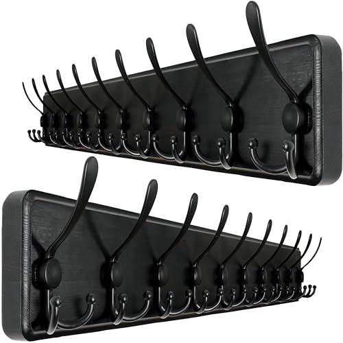 WEBI Coat Rack Wall Mount,38 9/16" Long,10 Tri Hooks for Hanging Coats,16" Hole to Hole,Wood Coat Hooks Wall Mounted,Wall Coat Hanger for Clothes,Jacket,Hats,Rustic Black,2 Packs - color: Black, size: 10 Hooks(2 Packs)