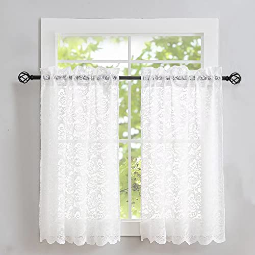 ALIGOGO Lace Kitchen Curtains 36 inches Length 2 Panels - Retro White Kitchen Window Curtains Over Sink Lace Curtain Short for Small Window Bathroom Window Cabinet Laundry Room Decor 26W x 36L - color: White 1, size: 26"W x 36"L (Pack of 2)