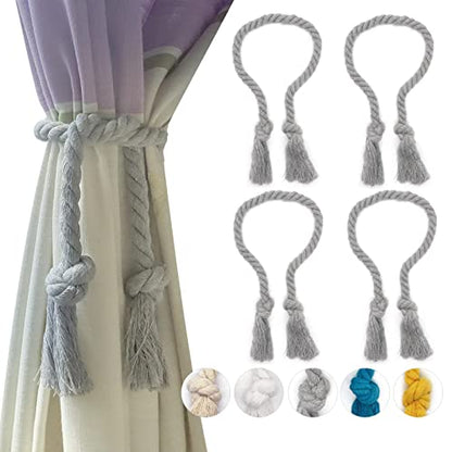 4 Pack Curtain Ties Rope, Outdoor Curtain Tiebacks, Natural Cotton Curtain Holders, Village Rustic Farmhouse Curtain Holdbacks, Nautical Curtain TieBacks for Patio Pergola Drapes, Grey - color: Grey Rope 4 Pack