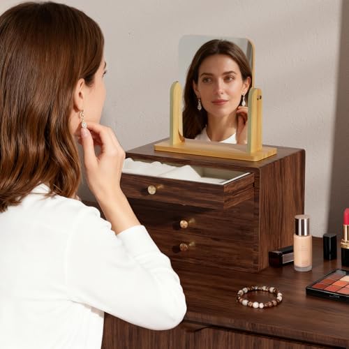 GENUINED Solid Walnut Wooden Jewelry Box with Compartments, Gifts for Women
