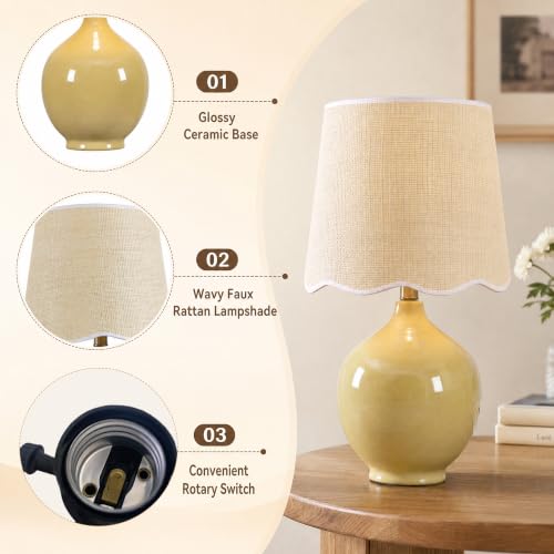 21"H Butter Yellow Ceramic Table Lamp with Beige Faux Rattan Drum Shade - color: Butter Yellow