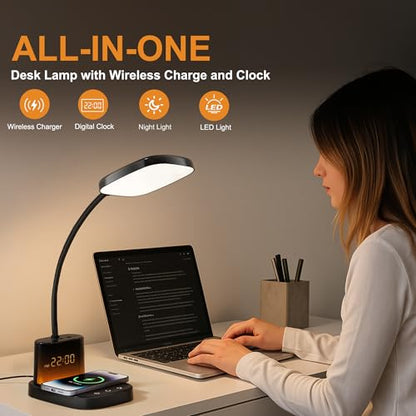 10W Wireless Charging LED Desk Lamp with Clock, Light Black - color: Light Black