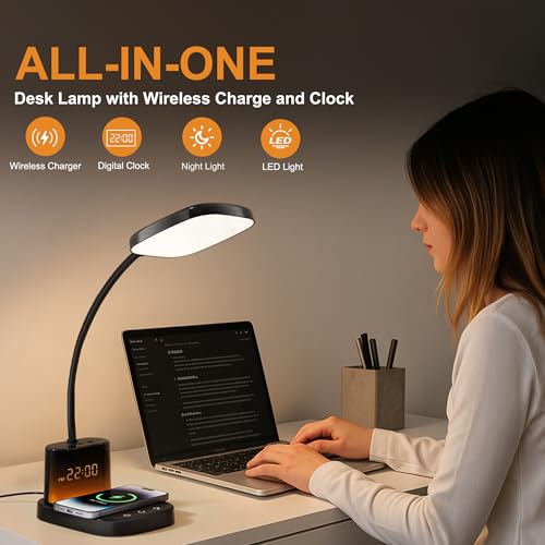 10W Wireless Charging LED Desk Lamp with Clock, Light Black - color: Light Black