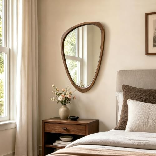 Asymmetrical Irregular Solid Wood Framed Wall Mirror, 20"x30" - color: Walnut, size: 30"L x 20"W