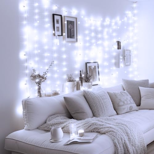 Minetom Curtain Lights, 300 LED Dimmable Twinkle Fairy Lights, 8 Modes - color: White, size: 1 Pack