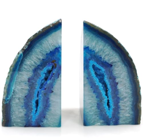 Natural Geode Bookends Pair - 3-4 lbs Heavy Duty Dyed Blue Agate, Non-Slip Crystal Bookends for Shelves | Vibrant Home Office Decor - color: Blue, size: 3-4LBS