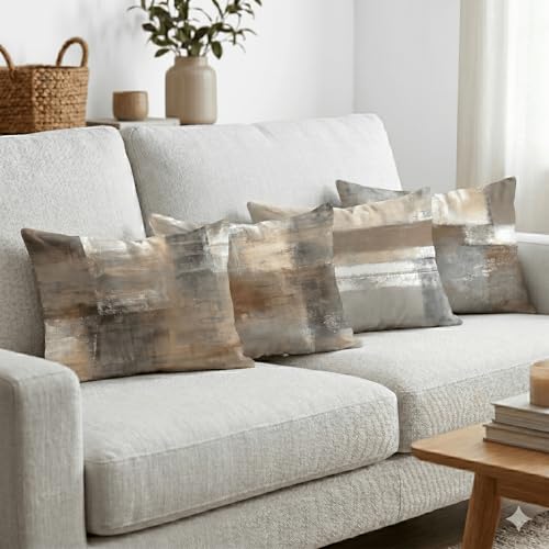 Set of 4 Abstract Throw Pillow Covers 12x20 Brown Tan Gray - color: Brown Tan, size: 20" x 12" (Pack of 4)