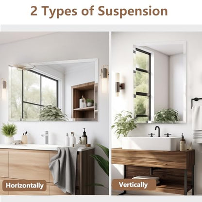 24x36 Inch Rectangle Frameless Mirror, Beveled Bathroom Mirror - size: 36"L x 24"W