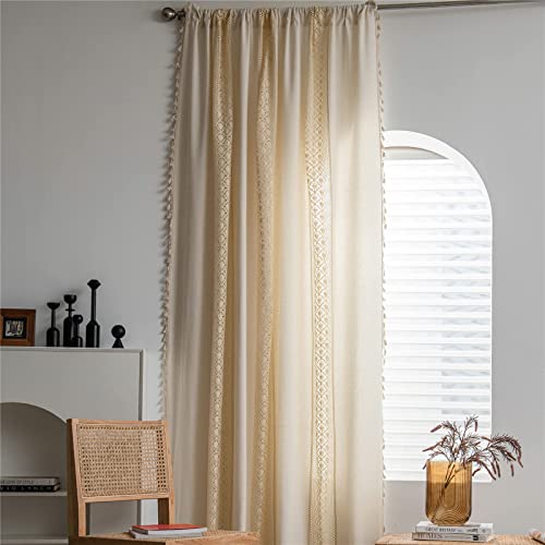 Sutuo Home Boho Curtain Crochet Dots Patchwork Semi-Blackout Bohemian Handmade Tassels, Rod Pocket Window Treatment Vintage Rustic Farmhouse Drapes for Living Bedroom, 1 Panel 59" W x 96" L, Beige - color: Beige Dots Patchwork, size: 59"W x 96"L (Pack of