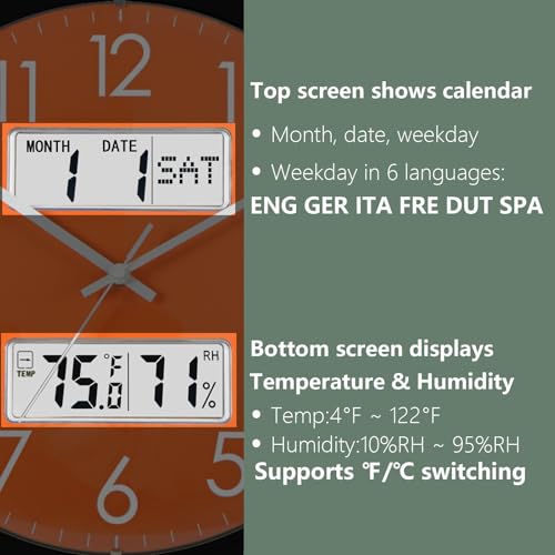 Nbdeal 13-Inch Analog Silent Wall Clock with Calendar Temperature & Humidity (Orange) - color: Orange
