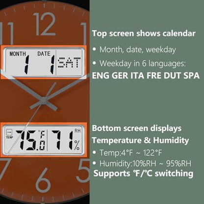 Nbdeal 13-Inch Analog Silent Wall Clock with Calendar Temperature & Humidity (Orange) - color: Orange