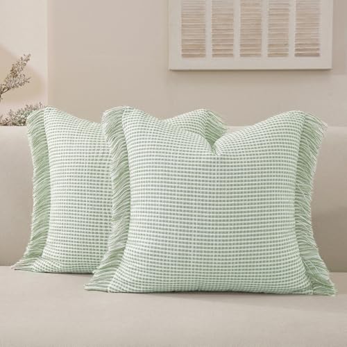 Boho Throw Pillow Covers Set of 2 Handmade Soft Striped Fringe Pillow Cover Farmhouse Cushion Covers with Elegant Tassel Decorative Pillowcase for Sofa Bed (Soft Mint Green, 18" x 18" (Pack of 2)) - color: Soft Mint Green, size: 18" x 18" (Pack of 2)