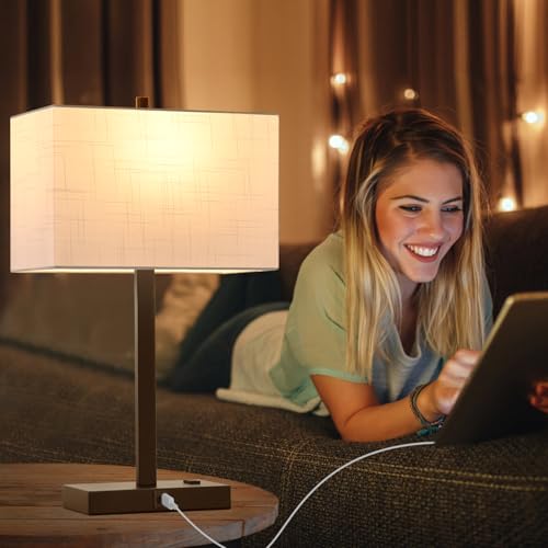 21" Touch Bedside lamps with 2 USB & AC Outlets, 3-Way Dimmable Bedside Table Lamps Set of 2 for Bedroom Living Room Office Reading, White Shade Lamps for Night Stands, 2700K LED Bulbs Included - color: White Linen & Brown