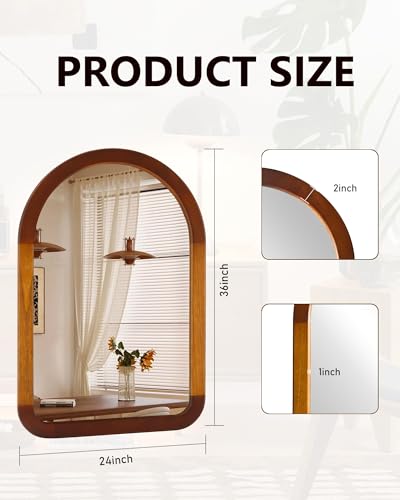 Arched Wood 24 x 36 Inch Bathroom Mirror for Wall with Walnut Frame - size: 36"L x 24"W