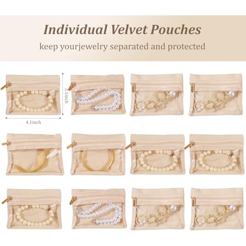 Travel Jewelry Case with 12 Velvet Zipped Pouches Bags, Yellow - color: Yellow - 12 Pouch