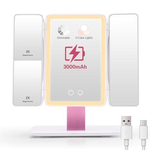 EASEHOLD Foldable Travel Tri fold Lighted Makeup Vanity Mirror with Lights - color: White-3000 Mah Rechargeable Trifold Foldable