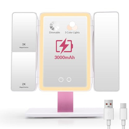 EASEHOLD Foldable Travel Tri fold Lighted Makeup Vanity Mirror with Lights - color: White-3000 Mah Rechargeable Trifold Foldable