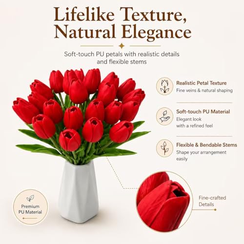 Mandy's 20 Stems Red Artificial Tulip Flowers for Home Centerpieces - color: Red 20pcs